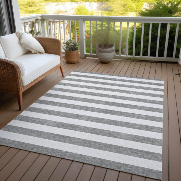 10' X 14' Gray and White Striped Washable Indoor Outdoor Area Rug