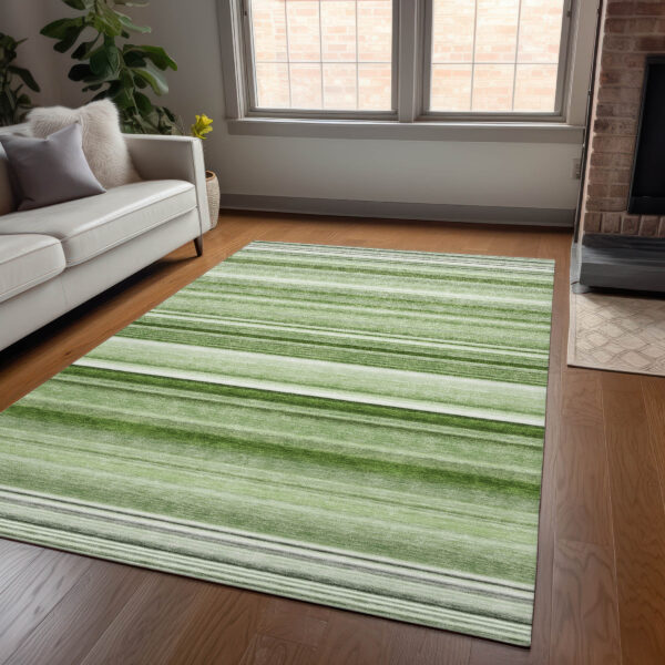 8' X 10' Artichoke Green Striped Washable Indoor Outdoor Area Rug