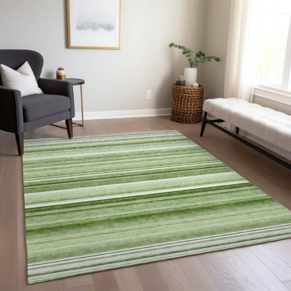 8' X 10' Artichoke Green Striped Washable Indoor Outdoor Area Rug