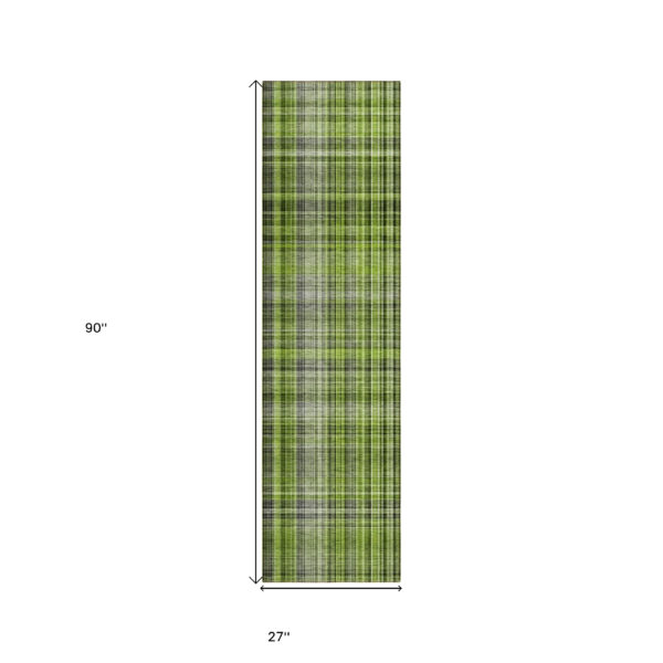 2' X 8' Green Black and Gray Plaid Washable Non Skid Indoor Outdoor Area Rug