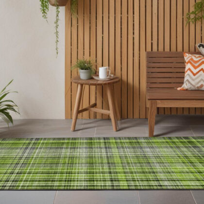 2' X 8' Green Black and Gray Plaid Washable Non Skid Indoor Outdoor Area Rug