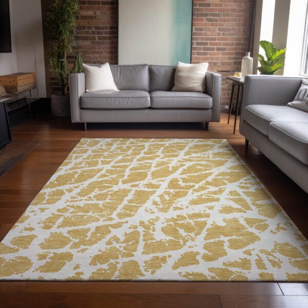 5' X 8' Gold and White Abstract Washable Non Skid Indoor Outdoor Area Rug