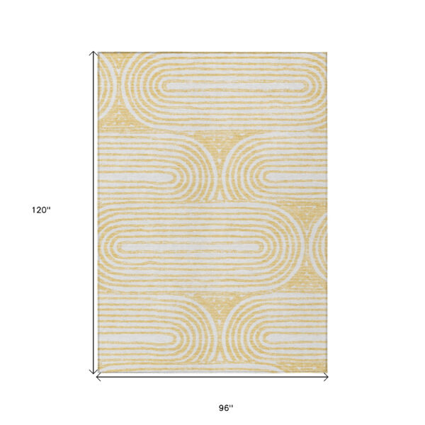 8' X 10' Gold and White Abstract Washable Non Skid Indoor Outdoor Area Rug