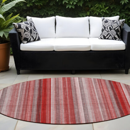 8' Round Gray Pink and Red Round Striped Washable Non Skid Indoor Outdoor Area Rug