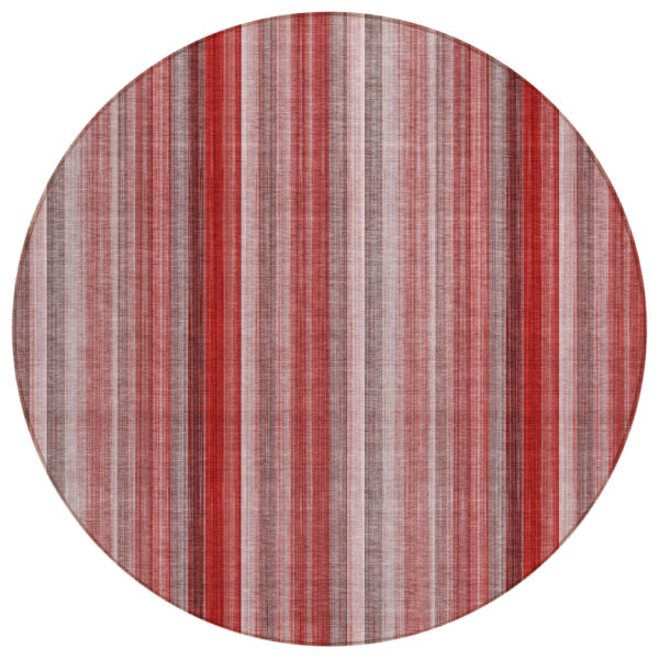 8' Round Gray Pink and Red Round Striped Washable Non Skid Indoor Outdoor Area Rug