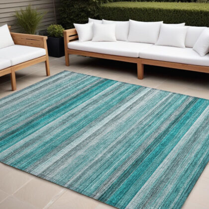 8' X 10' Teal Striped Washable Non Skid Indoor Outdoor Area Rug