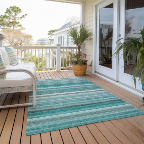 8' X 10' Teal Striped Washable Non Skid Indoor Outdoor Area Rug
