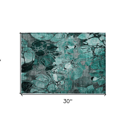 2' X 3' Teal Black and Gray Abstract Washable Indoor Outdoor Area Rug