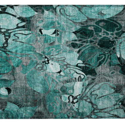 2' X 3' Teal Black and Gray Abstract Washable Indoor Outdoor Area Rug