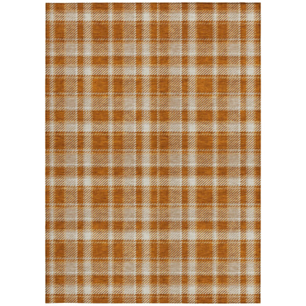 5' X 8' Orange and Ivory Plaid Washable Non Skid Indoor Outdoor Area Rug