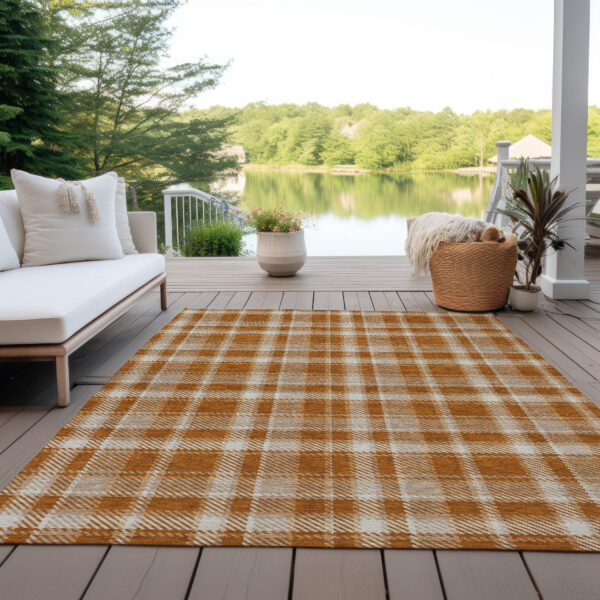 5' X 8' Orange and Ivory Plaid Washable Non Skid Indoor Outdoor Area Rug