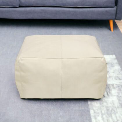 22" Ivory Leather Pouf Ottoman