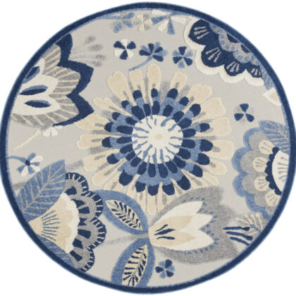 5' Round Blue And Gray Round Floral Indoor Outdoor Area Rug