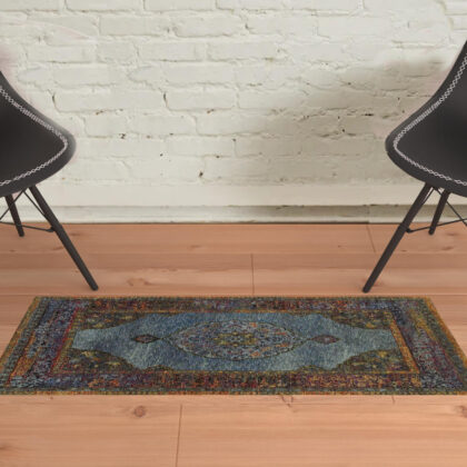 2' X 3' Blue Gold Green Red Orange And Purple Oriental Power Loom Stain Resistant Area Rug