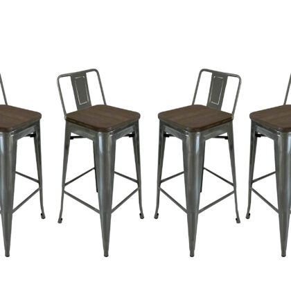 Set of Four 30" Brown and Gray Solid Wood and Metal Low Back Bar Height Bar Chairs