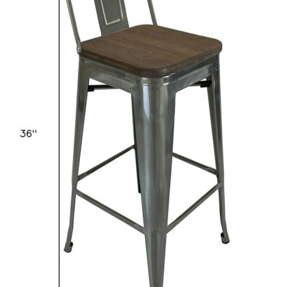 Set of Four 30" Brown and Gray Solid Wood and Metal Low Back Bar Height Bar Chairs