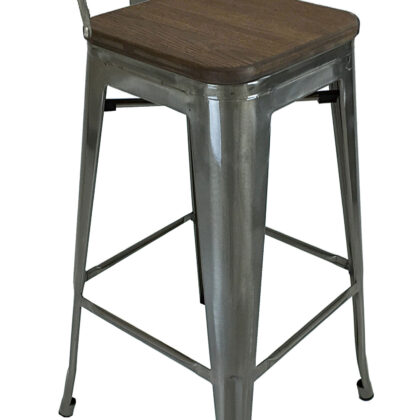 Set of Four 30" Brown and Gray Solid Wood and Metal Low Back Bar Height Bar Chairs