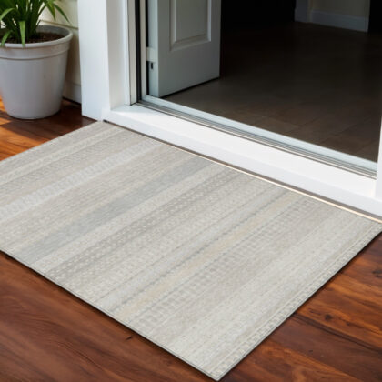 3' X 5' Ivory Striped Washable Indoor Outdoor Area Rug