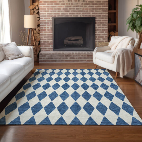 10' X 14' Navy Blue And Ivory Geometric Washable Indoor Outdoor Area Rug