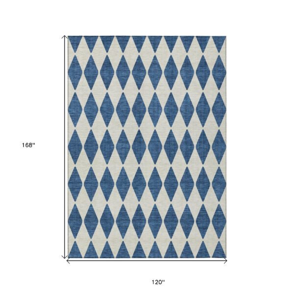 10' X 14' Navy Blue And Ivory Geometric Washable Indoor Outdoor Area Rug
