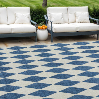 10' X 14' Navy Blue And Ivory Geometric Washable Indoor Outdoor Area Rug