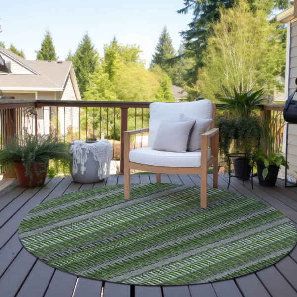 8' Green And Ivory Round Striped Washable Indoor Outdoor Area Rug