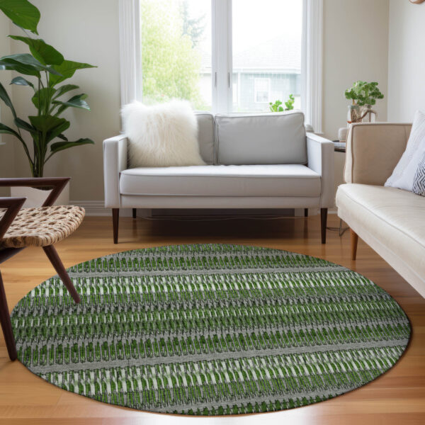 8' Green And Ivory Round Striped Washable Indoor Outdoor Area Rug