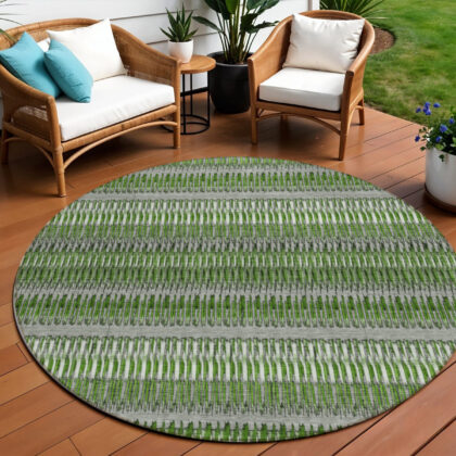 8' Green And Ivory Round Striped Washable Indoor Outdoor Area Rug