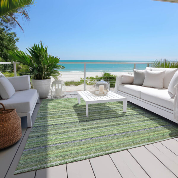 5' X 8' Artichoke Green And Olive Green Striped Washable Indoor Outdoor Area Rug