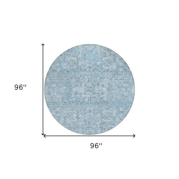8' Sky Blue And Denim Blue Round Floral Washable Indoor Outdoor Area Rug