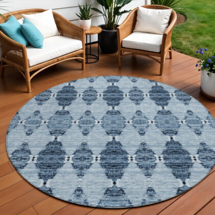 8' Navy Blue And Denim Blue Round Moroccan Washable Indoor Outdoor Area Rug