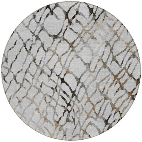 8' Silver Gray And Charcoal Round Abstract Washable Indoor Outdoor Area Rug
