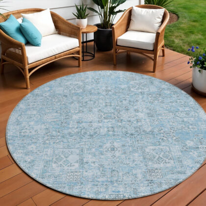 8' Sky Blue And Denim Blue Round Floral Washable Indoor Outdoor Area Rug