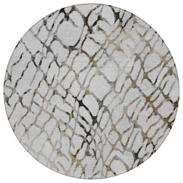 8' Silver Gray And Charcoal Round Abstract Washable Indoor Outdoor Area Rug