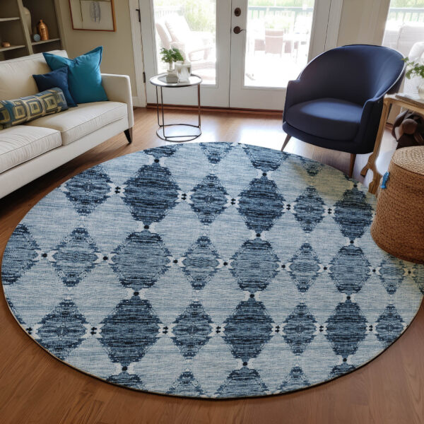 8' Navy Blue And Denim Blue Round Moroccan Washable Indoor Outdoor Area Rug