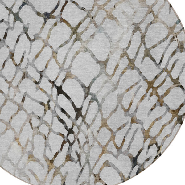 8' Silver Gray And Charcoal Round Abstract Washable Indoor Outdoor Area Rug