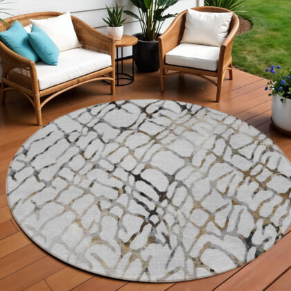 8' Silver Gray And Charcoal Round Abstract Washable Indoor Outdoor Area Rug