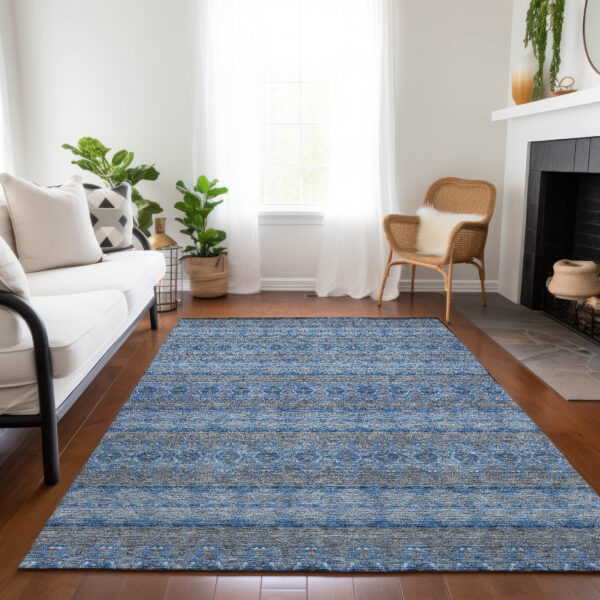 10' X 14' Navy Blue And Sky Blue Floral Medallion Washable Indoor Outdoor Area Rug