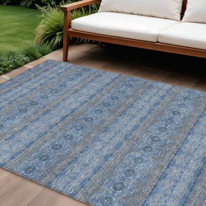 10' X 14' Navy Blue And Sky Blue Floral Medallion Washable Indoor Outdoor Area Rug