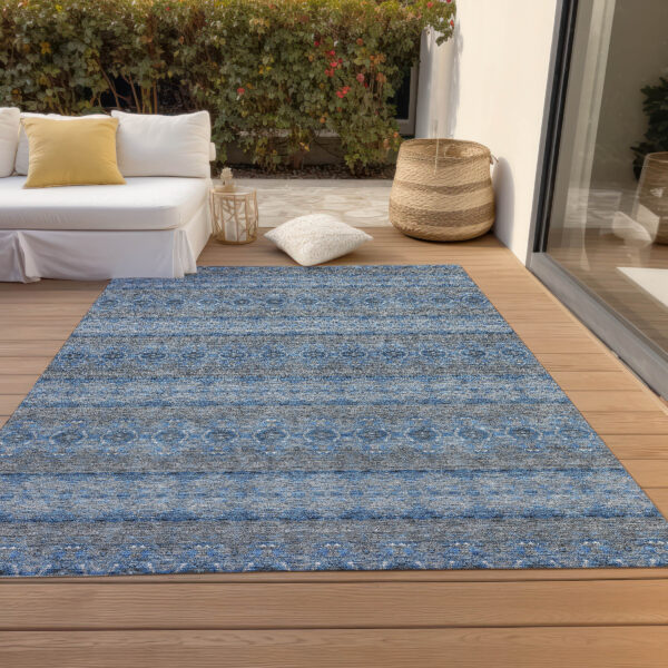 10' X 14' Navy Blue And Sky Blue Floral Medallion Washable Indoor Outdoor Area Rug