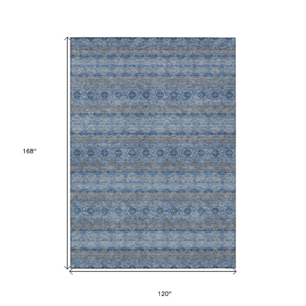 10' X 14' Navy Blue And Sky Blue Floral Medallion Washable Indoor Outdoor Area Rug