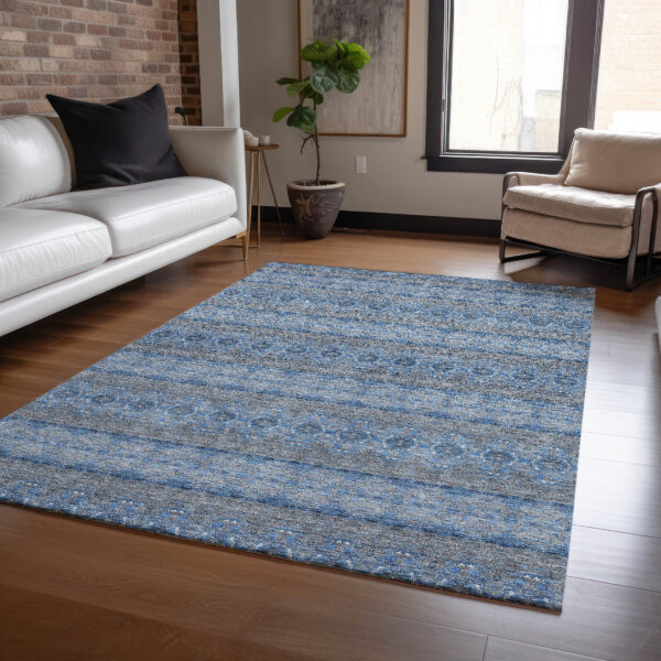 10' X 14' Navy Blue And Sky Blue Floral Medallion Washable Indoor Outdoor Area Rug