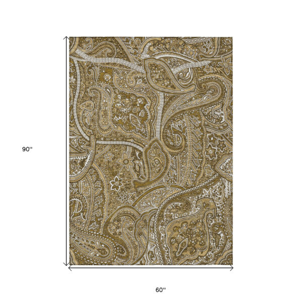 5' X 8' Brown Tan And Beige Paisley Washable Indoor Outdoor Area Rug