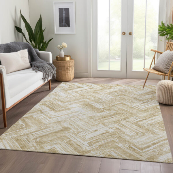 5' X 8' Beige Tan And Ivory Geometric Washable Indoor Outdoor Area Rug
