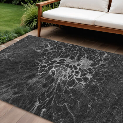 9' X 12' Charcoal Gray And Silver Abstract Washable Indoor Outdoor Area Rug