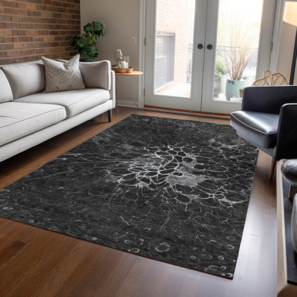9' X 12' Charcoal Gray And Silver Abstract Washable Indoor Outdoor Area Rug