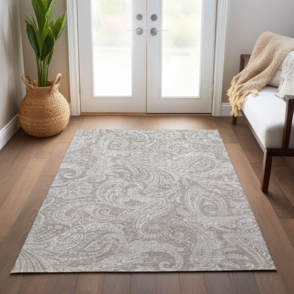 10' X 14' Taupe Beige And Ivory Paisley Washable Indoor Outdoor Area Rug