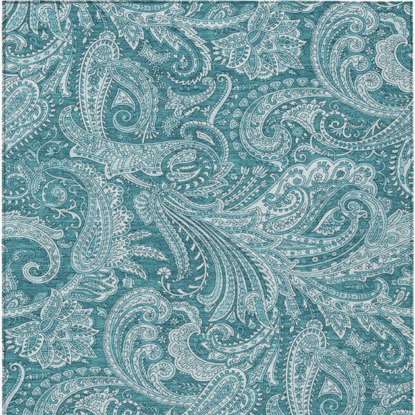 10' X 14' Turquoise And Ivory Paisley Washable Indoor Outdoor Area Rug