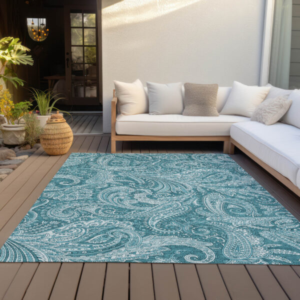 10' X 14' Turquoise And Ivory Paisley Washable Indoor Outdoor Area Rug