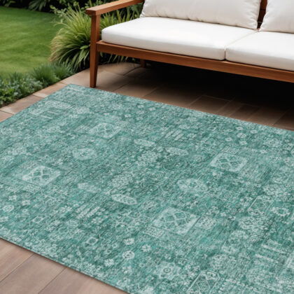 10' X 14' Dark Green And Aqua Oriental Washable Indoor Outdoor Area Rug